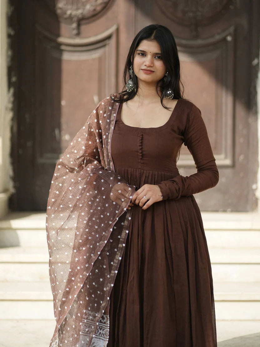 Dilruba Brown Mul Cotton Anarkali 3 Piece Suit Set with Dupatta