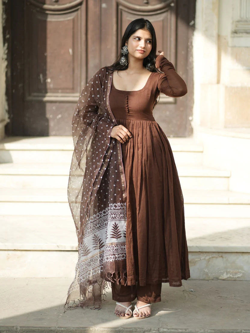 Dilruba Brown Mul Cotton Anarkali 3 Piece Suit Set with Dupatta