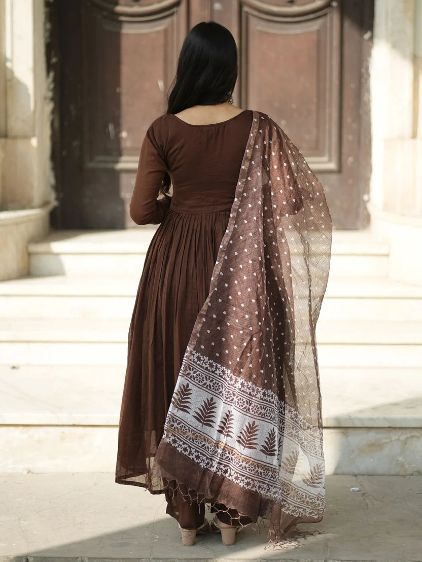 Dilruba Brown Mul Cotton Anarkali 3 Piece Suit Set with Dupatta