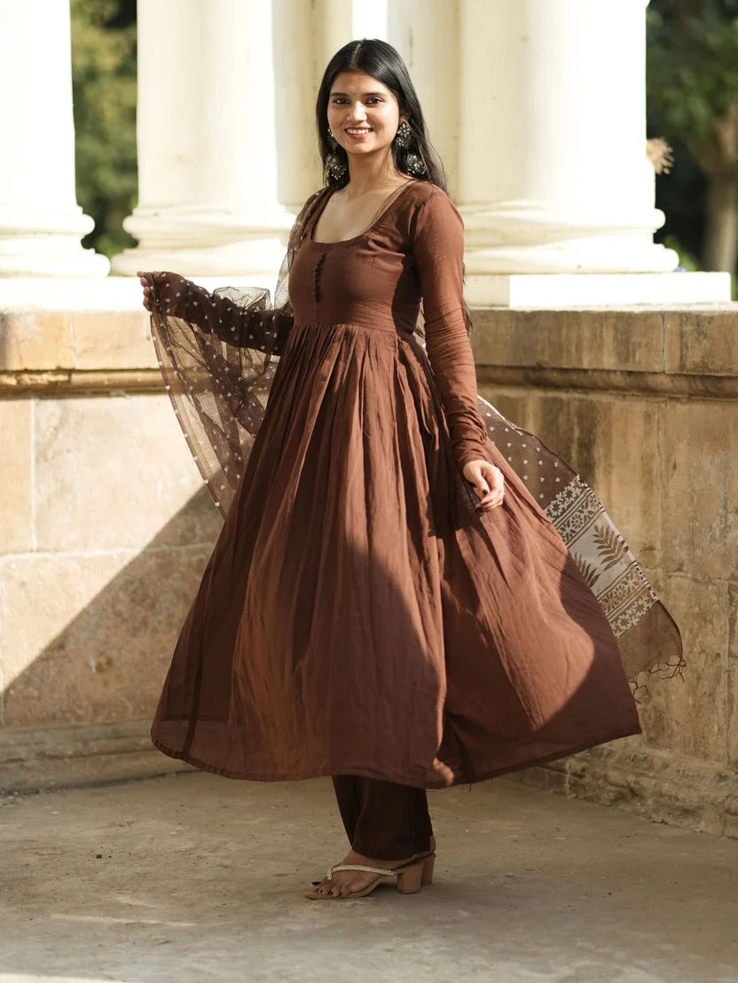 Dilruba Brown Mul Cotton Anarkali 3 Piece Suit Set with Dupatta