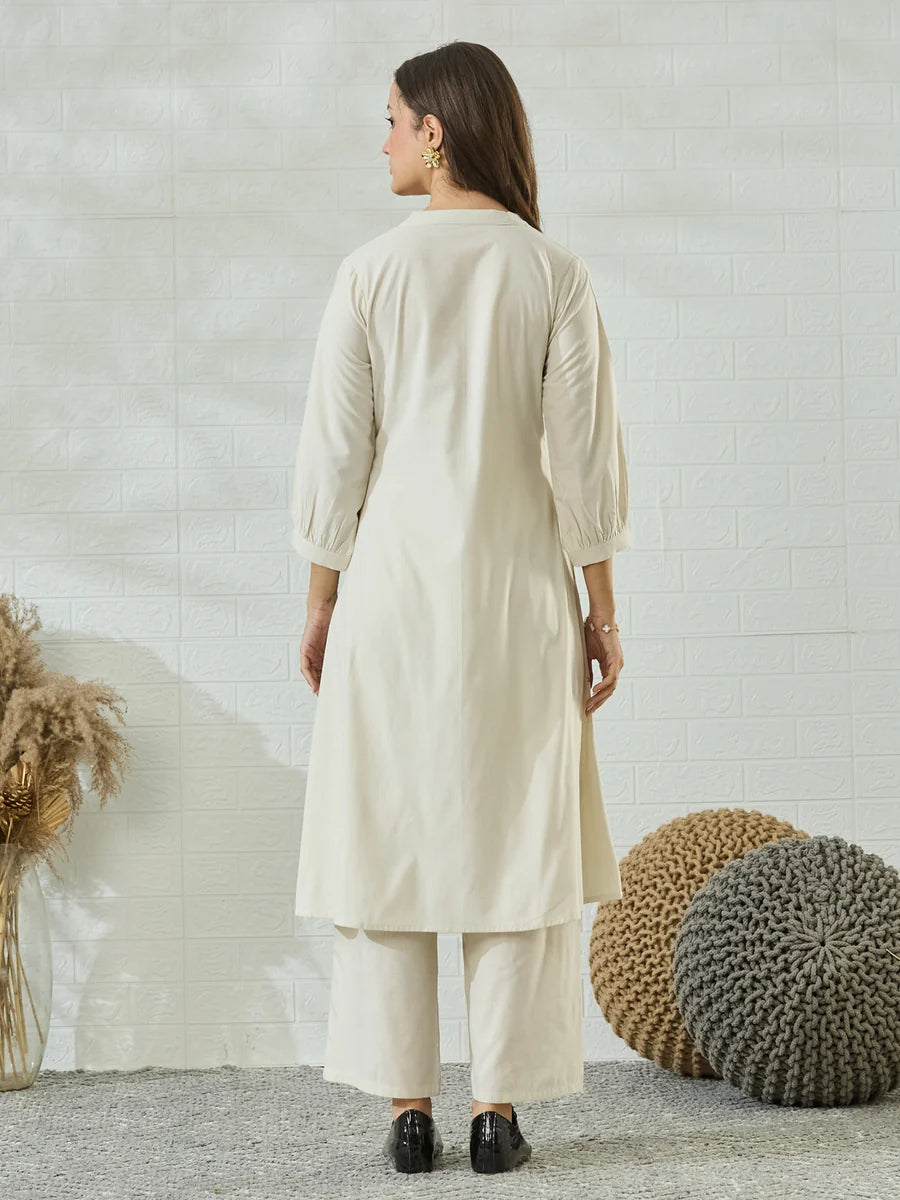 Off White Cotton Fish Embroidered Kurta Palazzo Set For Women