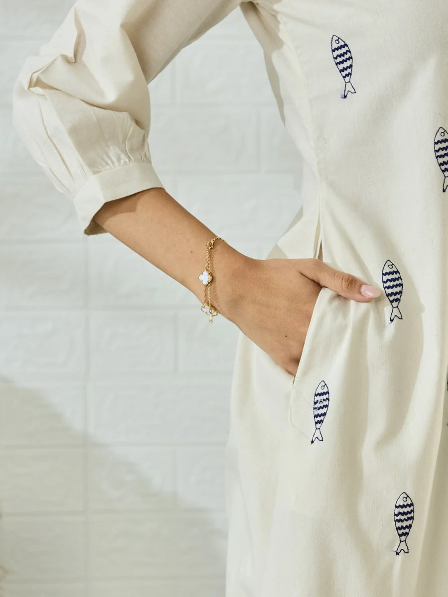 Off White Cotton Fish Embroidered Kurta Palazzo Set For Women