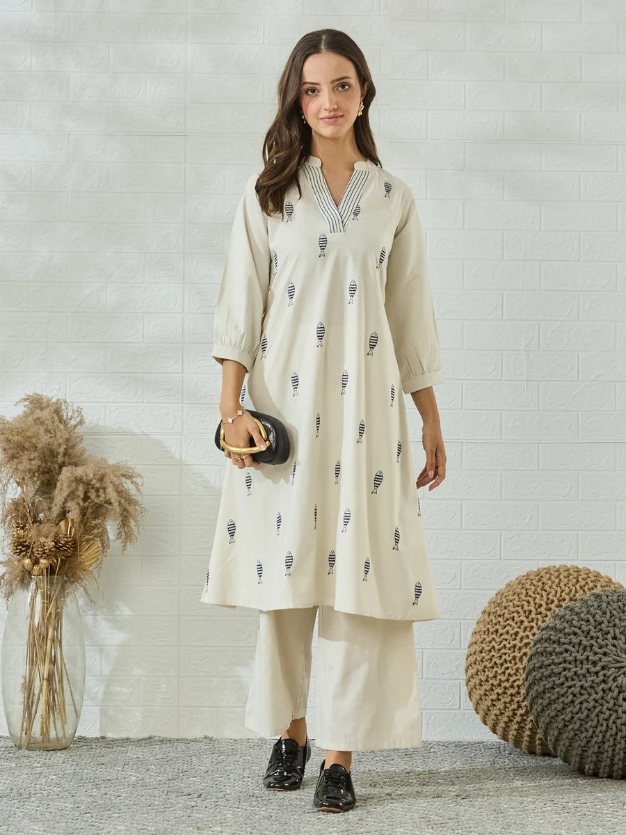 Off White Cotton Fish Embroidered Kurta Palazzo Set For Women