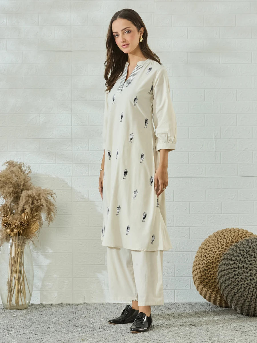 Off White Cotton Fish Embroidered Kurta Palazzo Set For Women