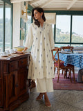 Off White Cotton Fish Embroidered Kurta Palazzo Set For Women