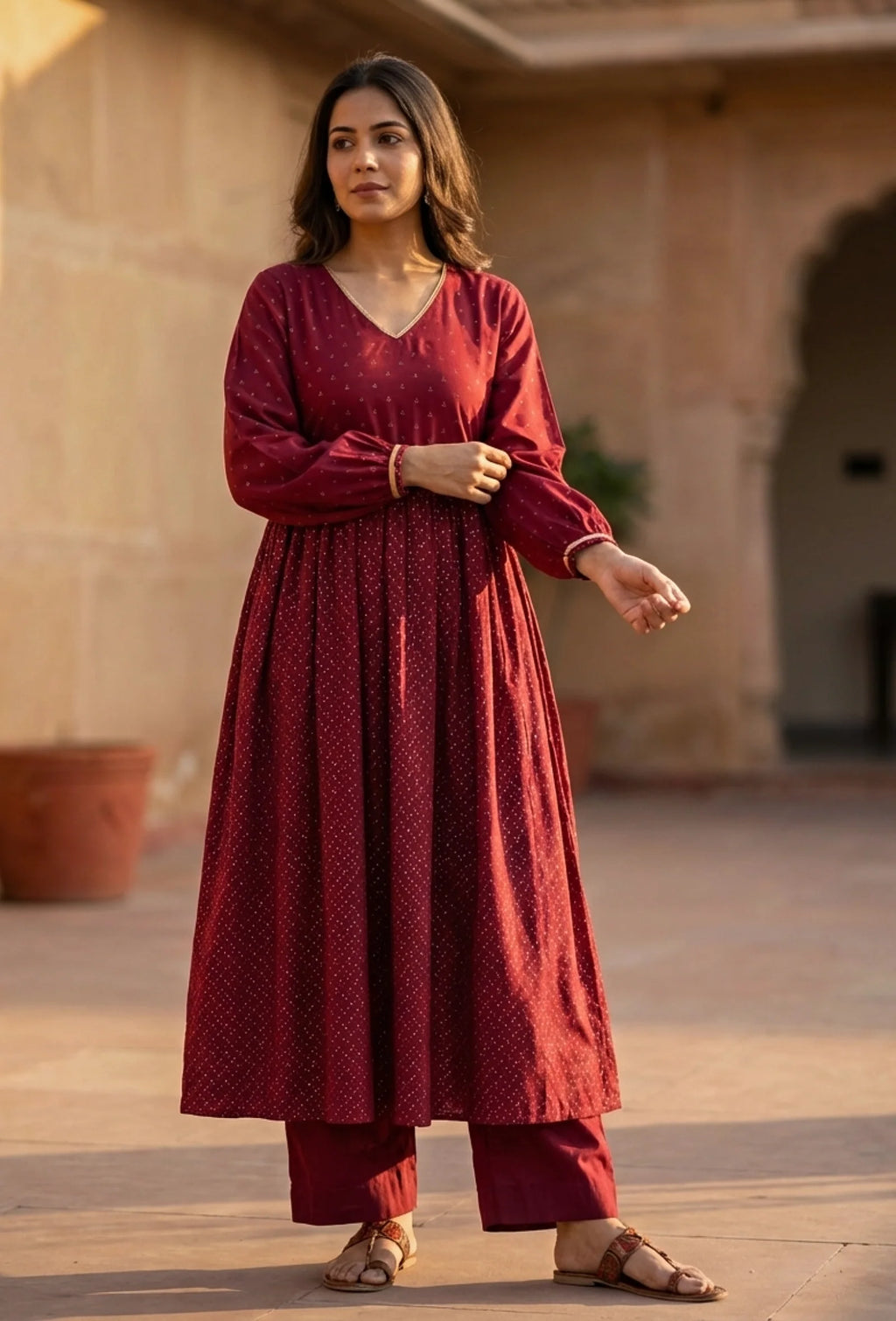 Maroon Handblock Printed Empire Kurta with Gota Detailing