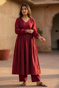 Maroon Handblock Printed Empire Kurta with Gota Detailing