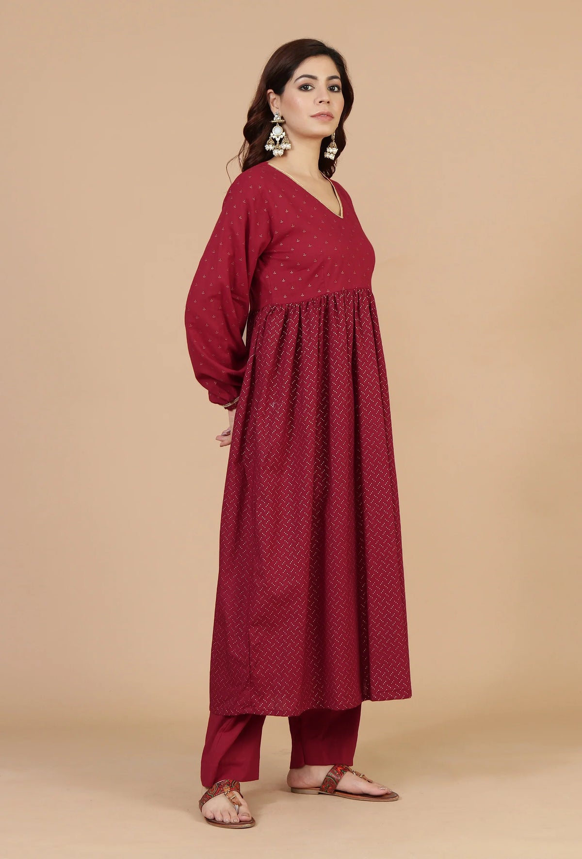 Maroon Handblock Printed Empire Kurta with Gota Detailing