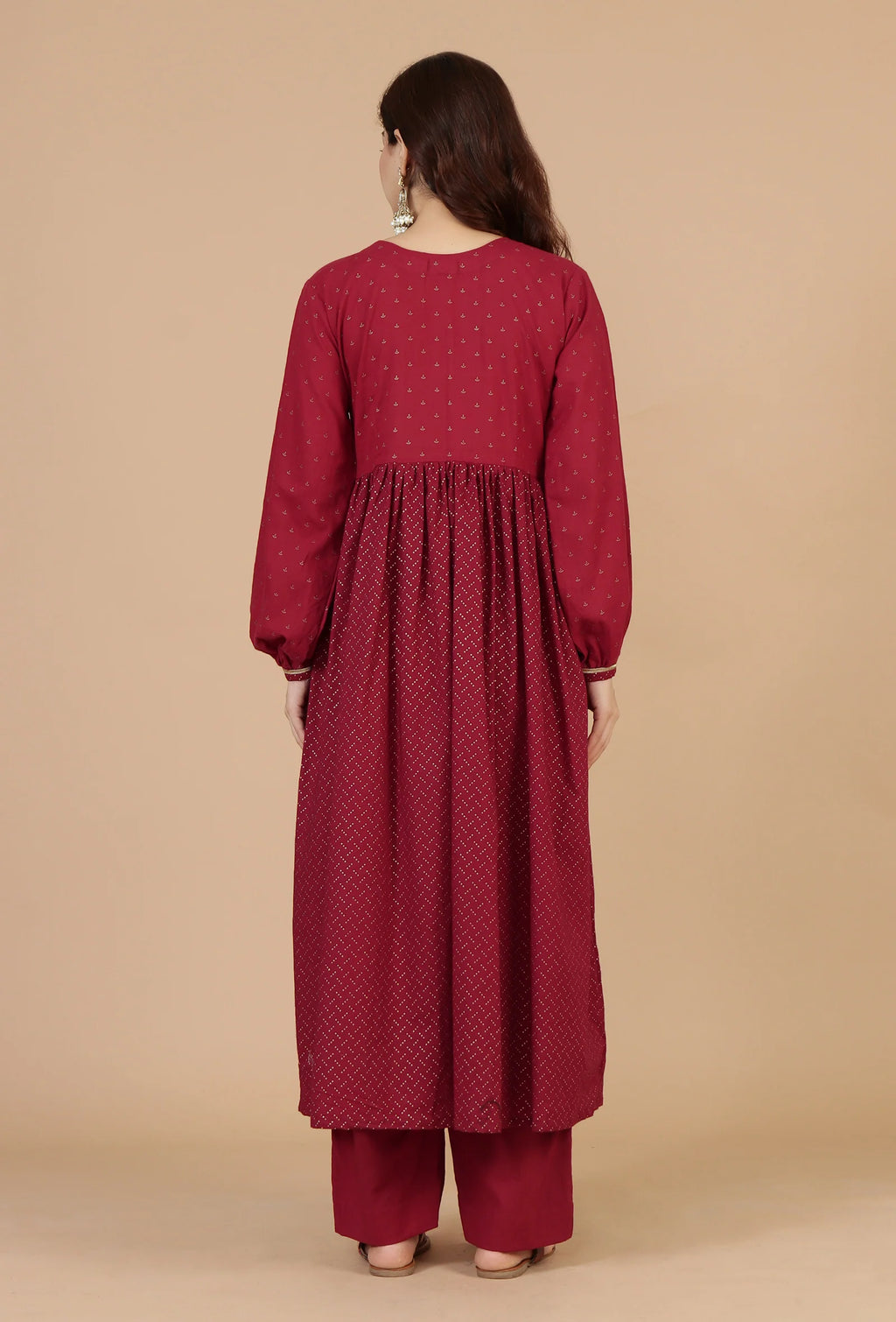 Maroon Handblock Printed Empire Kurta with Gota Detailing