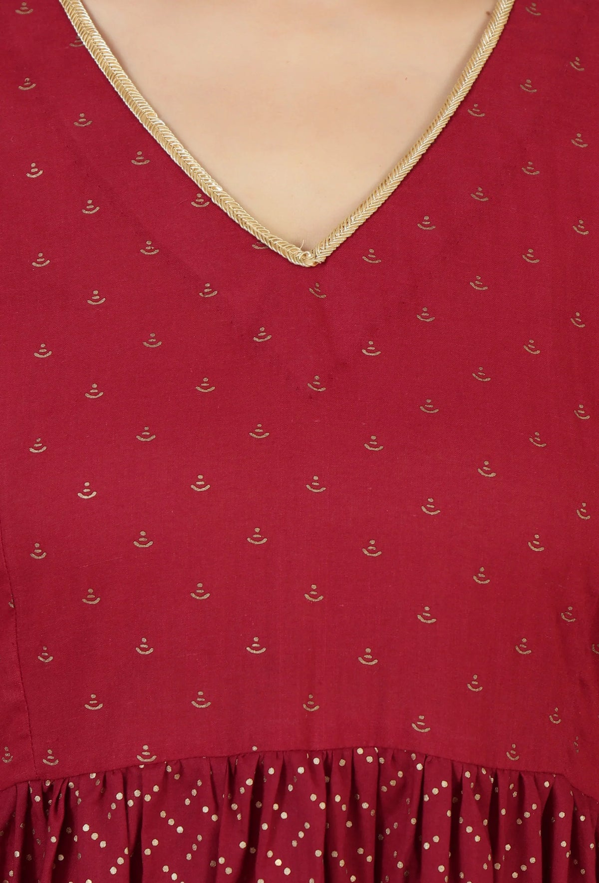 Maroon Handblock Printed Empire Kurta with Gota Detailing