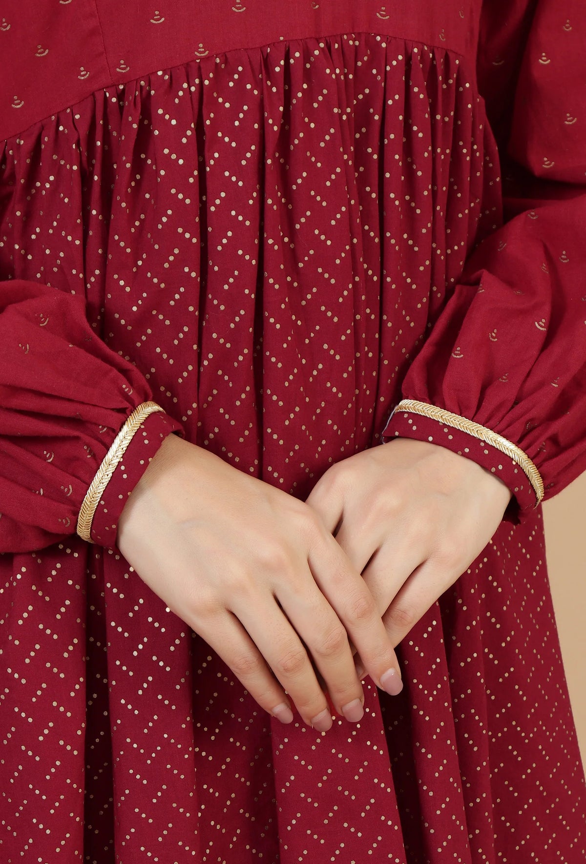 Maroon Handblock Printed Empire Kurta with Gota Detailing