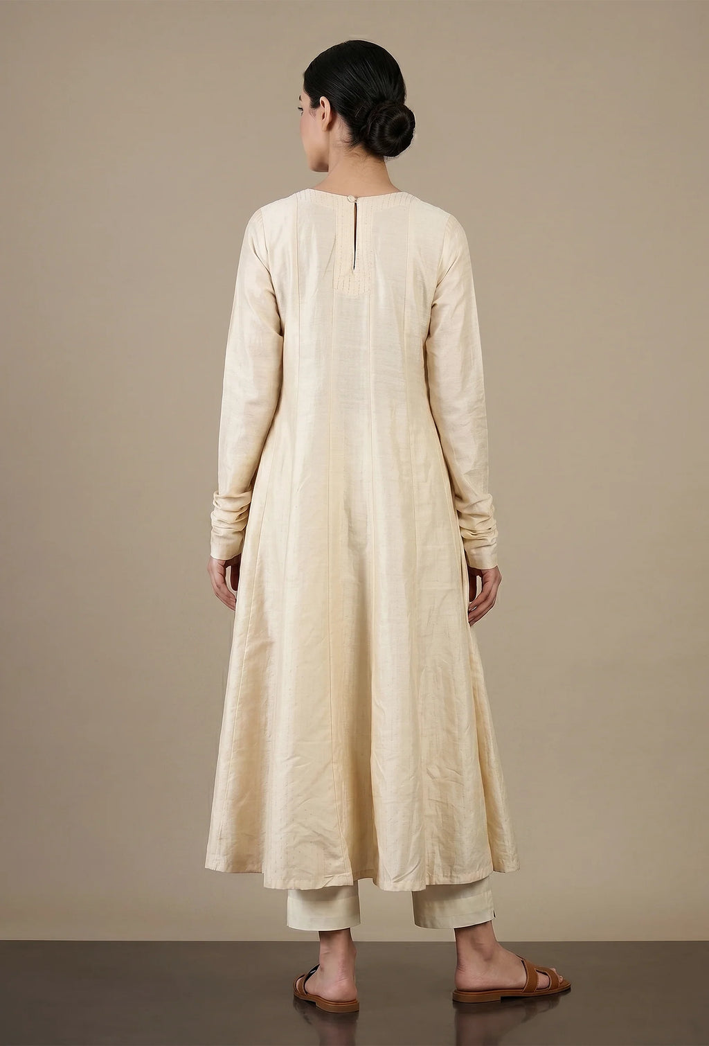 Set of 2: Off-White Cotton Silk Flared Kurta with Straight Pant Set