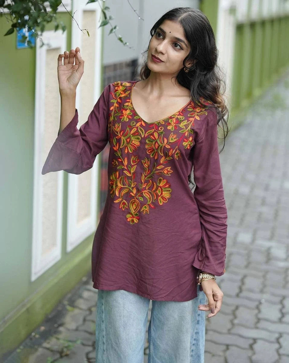 Brown Rayon Yoke Embroidery Straight Short Kurti