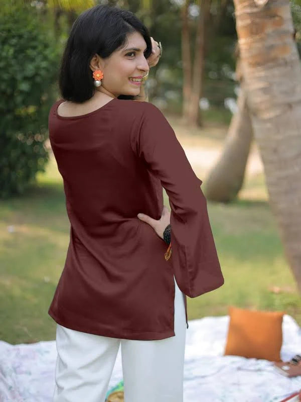 Brown Rayon Yoke Embroidery Straight Short Kurti