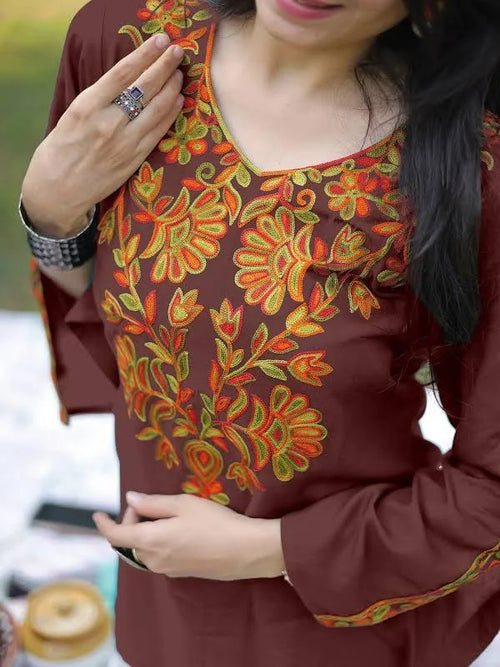 Brown Rayon Yoke Embroidery Straight Short Kurti