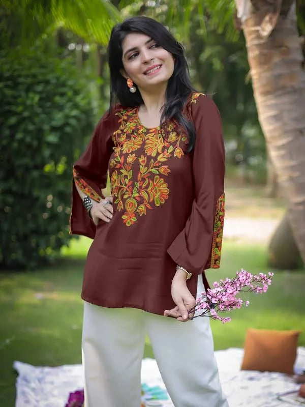 Brown Rayon Yoke Embroidery Straight Short Kurti